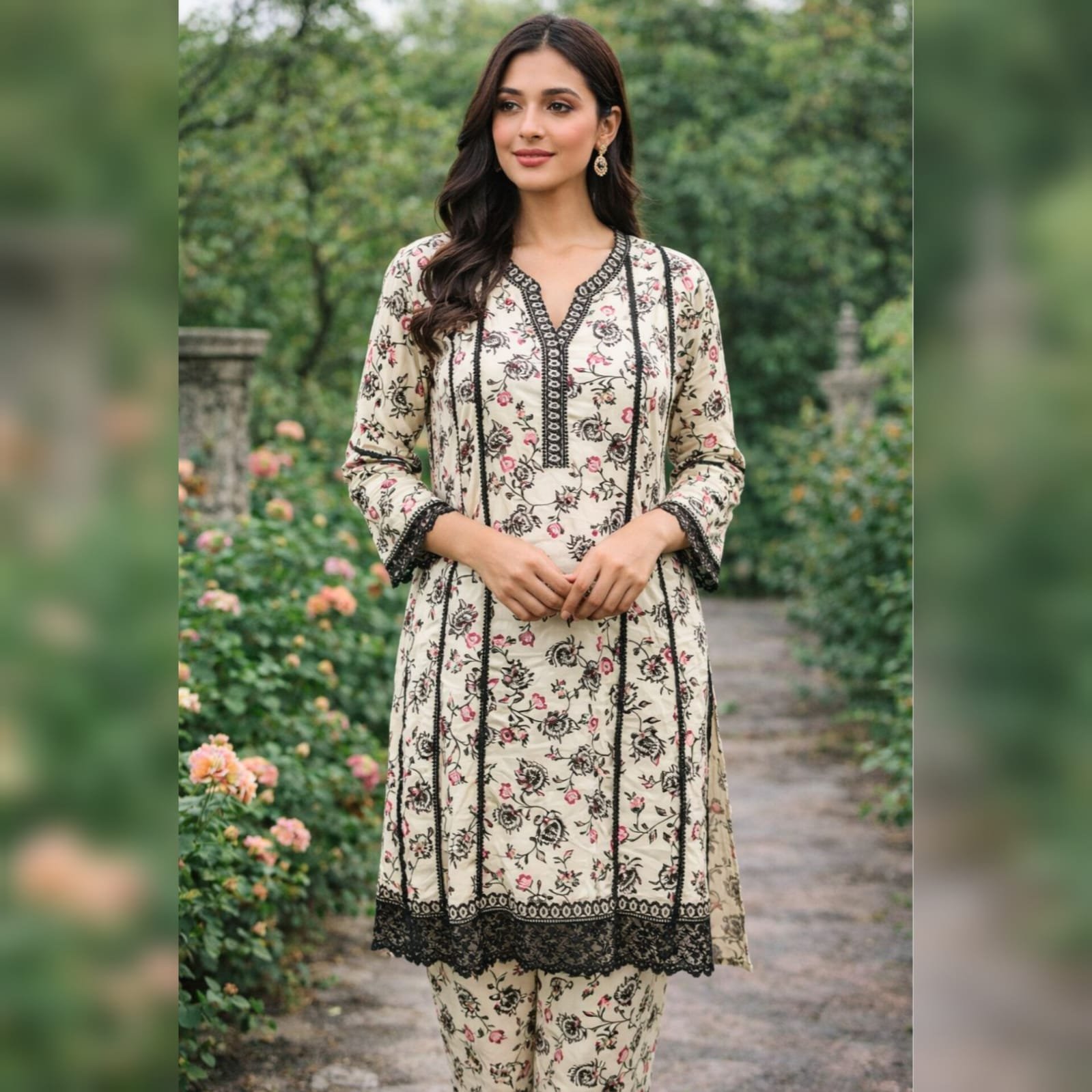 NS A000C23 Printed 3PCs Cotton With Lace Work Suit